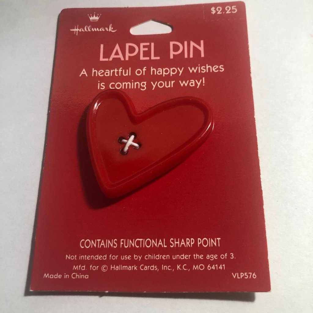 New Vintage Hallmark Valentines Lapel Pin Red Heart Sewing Button Brooch 12$